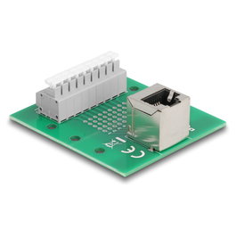 DeLOCK 66993 Adaptador RJ45 hembra a bloque de terminales con pulsador para carril DIN en ángulo