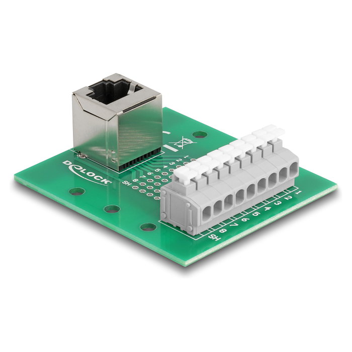 DeLOCK 66993 Adaptador RJ45 hembra a bloque de terminales con pulsador para carril DIN en ángulo
