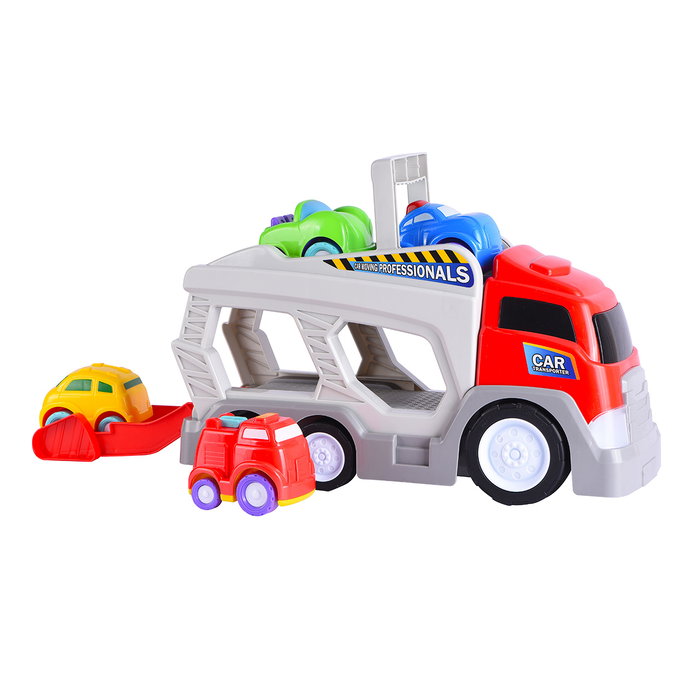 Tachan Camión Rampa con 4 Coches, 2 Pisos, Luz y Sonido, Transportador de Juguete +18 Meses