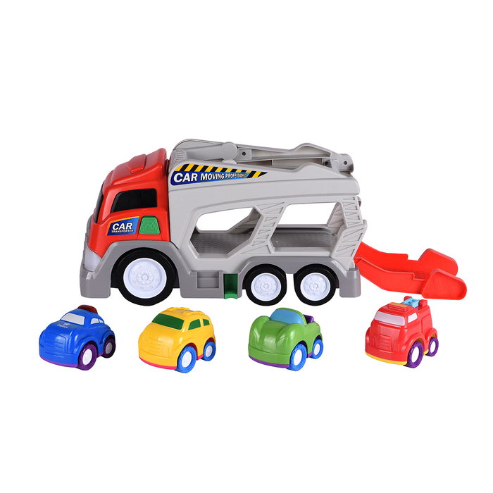 Tachan Camión Rampa con 4 Coches, 2 Pisos, Luz y Sonido, Transportador de Juguete +18 Meses