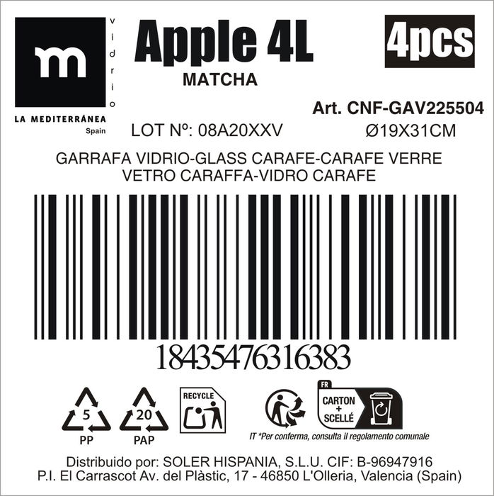 Apple Garrafa de Vidrio 4L "Apple" Matcha (4 Unidades)