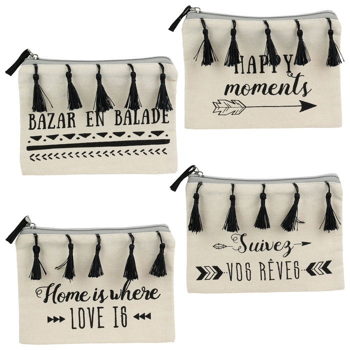 Entre Temps Neceser Algodón Con Flecos Happy, Suivez, Home, Bazar 19x1x14 cm