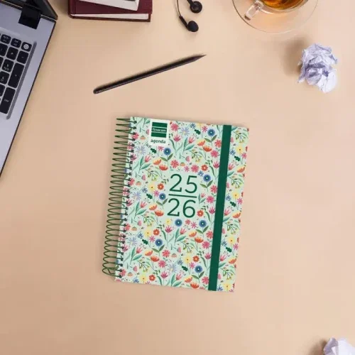 Finocam Agenda Escolar 2025-2026 Secundaria 1 Día Página 120x164mm con Goma Elástica Estampado Floral Referencia 634264926