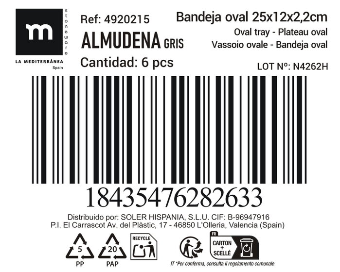 La Mediterranea Bandeja Oval Gris Almudena 25x12cm