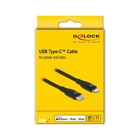 DeLOCK Cable de datos y carga USB Type-C a Lightning, 0,5 m, Negro, MFi