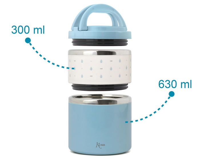 KioKids Termo Infantil 930 mL Acero Inoxidable Dos Compartimentos Azul para Sólidos y Papillas +0 Meses