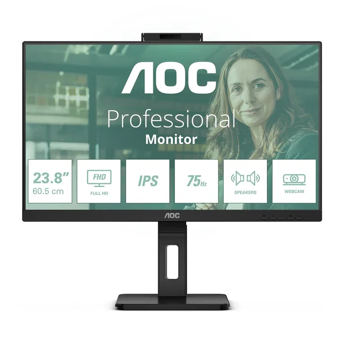 AOC Monitor 24P3QW 24" Full HD IPS, Webcam, USB-C Hub, 100Hz, Altavoces, Ajuste Ergonómico - Negro (Pantalla Oficina Profesional)