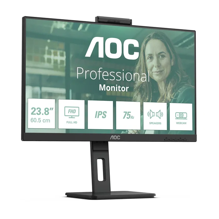 AOC Monitor 24P3QW 24" Full HD IPS, Webcam, USB-C Hub, 100Hz, Altavoces, Ajuste Ergonómico - Negro (Pantalla Oficina Profesional)