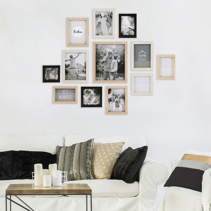 Home Deco Factory Juego de 12 Marcos de Fotos Essentiel para Pared y Sobremesa en Madera Negro con Variedad de Tamaños