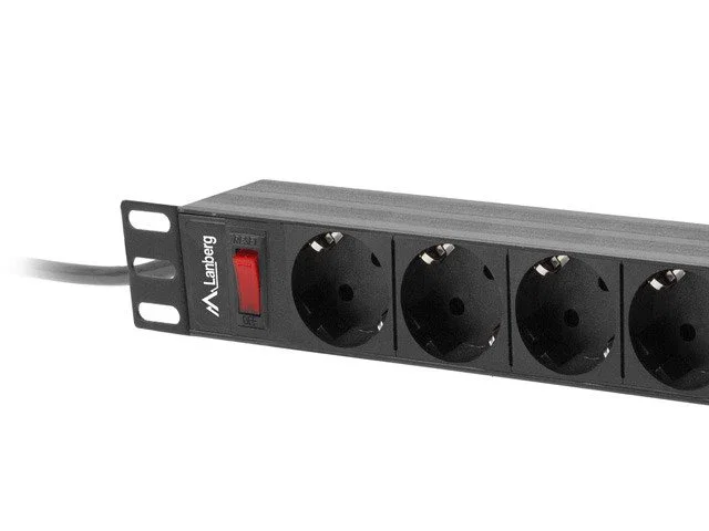 Lanberg PDU-09F-0300-BK Unidad de Distribución de Energía (PDU) Rack 1U, 9 Salidas AC Tipo F/Schuko, 4000W, 16A, 3m Cable, Negro y Gris