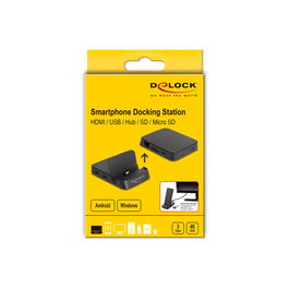 DeLOCK 4K Smartphone Docking Station con Soporte Integrado, Hub USB C, HDMI, 4 Puertos USB, Lector SD/MicroSD para Android y Windows, USB PD 15W, Negro