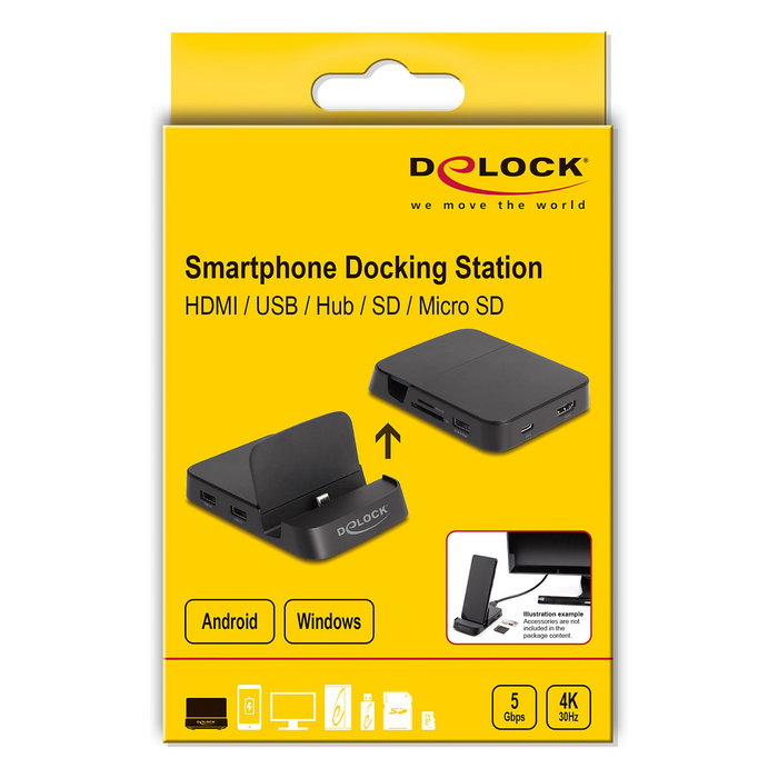 DeLOCK 4K Smartphone Docking Station con Soporte Integrado, Hub USB C, HDMI, 4 Puertos USB, Lector SD/MicroSD para Android y Windows, USB PD 15W, Negro