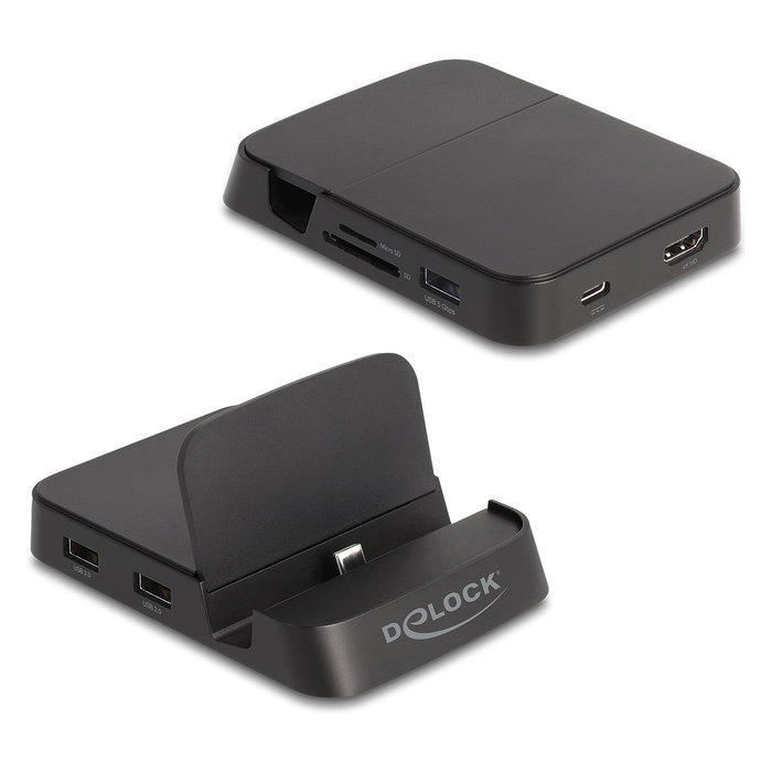 DeLOCK 4K Smartphone Docking Station con Soporte Integrado, Hub USB C, HDMI, 4 Puertos USB, Lector SD/MicroSD para Android y Windows, USB PD 15W, Negro
