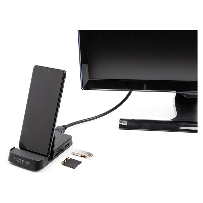 DeLOCK 4K Smartphone Docking Station con Soporte Integrado, Hub USB C, HDMI, 4 Puertos USB, Lector SD/MicroSD para Android y Windows, USB PD 15W, Negro