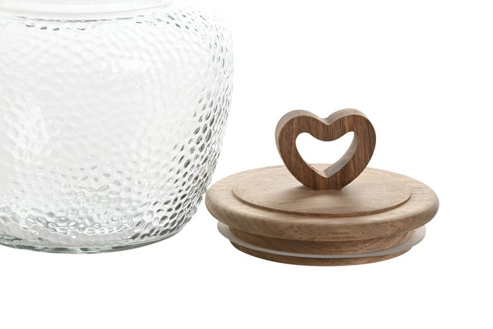 DKD Home Decor Bote de Cristal y Acacia con Diseño de Corazón, 1,3L