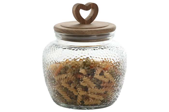 DKD Home Decor Bote de Cristal y Acacia con Diseño de Corazón, 1,3L