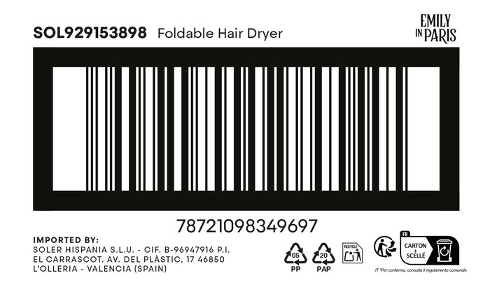 Inde Secador De Pelo Plegable Emily In Paris 7.5 cm ancho x 18.5 cm alto x 21.5 cm largo (6 Unidades)