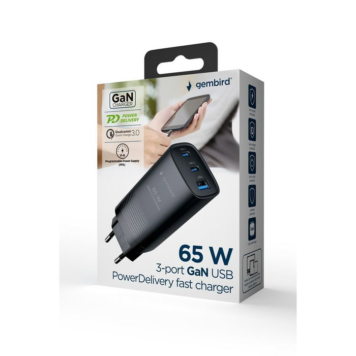 Gembird TA-UC-PDQC65-01-BK Cargador Rápido 65W con 2 Puertos USB-C y 1 USB-A, Negro