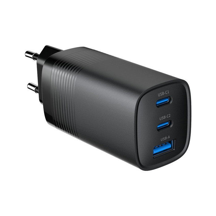 Gembird TA-UC-PDQC65-01-BK Cargador Rápido 65W con 2 Puertos USB-C y 1 USB-A, Negro