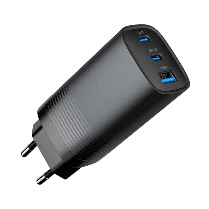 Gembird TA-UC-PDQC65-01-BK Cargador Rápido 65W con 2 Puertos USB-C y 1 USB-A, Negro