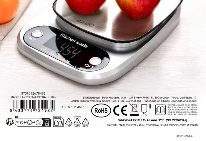 Inde Báscula de Cocina Digital 10 kg con Dimensiones 21.5x15.5x3 cm (12 Unidades)