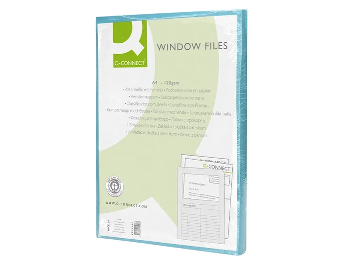 Q-connect Subcarpeta de Cartulina DIN A4 Azul 120 g/m² con Ventana Transparente - Certificado Blue Angel