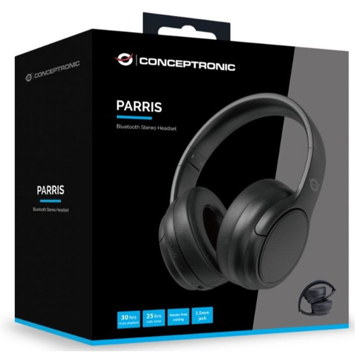 Conceptronic PARRIS03B Auriculares Bluetooth 5.4 Diadema Circumaural, Inalámbrico y con Cable 3.5mm, Micrófono Integrado para Llamadas/Música, Negro, Plegable