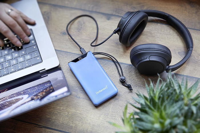 Intenso Powerbank F10000, 10000 mAh, Carga Rápida Power Delivery 20W y QC 3.0, Color Azul, Batería de Polímero de Litio, USB-A y USB-C