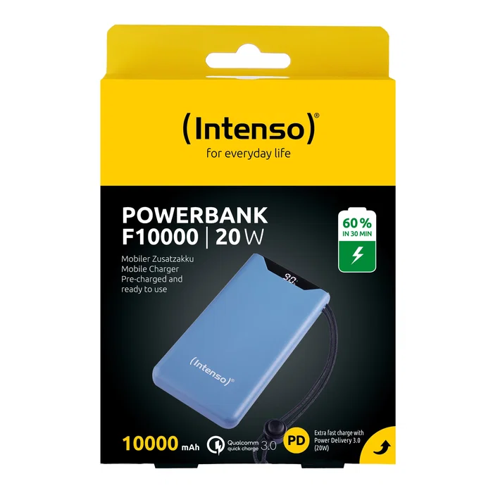 Intenso 7332035 - Banco de Potencia 10000 mAh, Azul, Carga Rápida Power Delivery y Quick Charge 3.0, 20W, 2 Puertos (USB-C/A), Pantalla LCD
