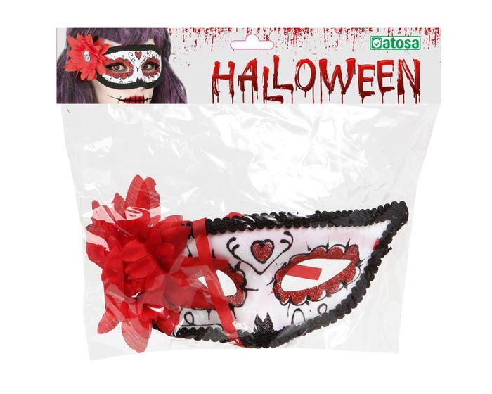 Antifaz Blanco Con Rosa Roja Y Detalles Negros Para Catrina, Día De Muertos, Halloween