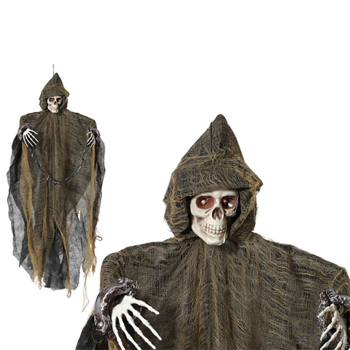 Atosa Decoración Esqueleto Colgante con Capucha Marrón 89 cm con Luz LED y Sonido por Sensor de Movimiento para Halloween Atosa Decoración Esqueleto Colgante con Capucha Marrón 89 cm con Luz LED y Sonido por Sensor de Movimiento para Halloween