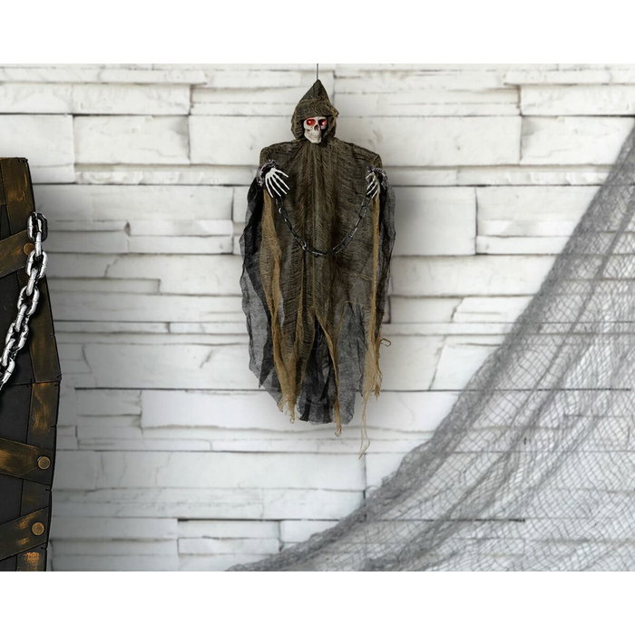Atosa Decoración Esqueleto Colgante con Capucha Marrón 89 cm con Luz LED y Sonido por Sensor de Movimiento para Halloween Atosa Decoración Esqueleto Colgante con Capucha Marrón 89 cm con Luz LED y Sonido por Sensor de Movimiento para Halloween
