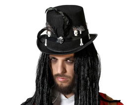 Sombrero Halloween Negro con Calaveras y Plumas para Hombre Adulto - Look Tribal y Misterioso