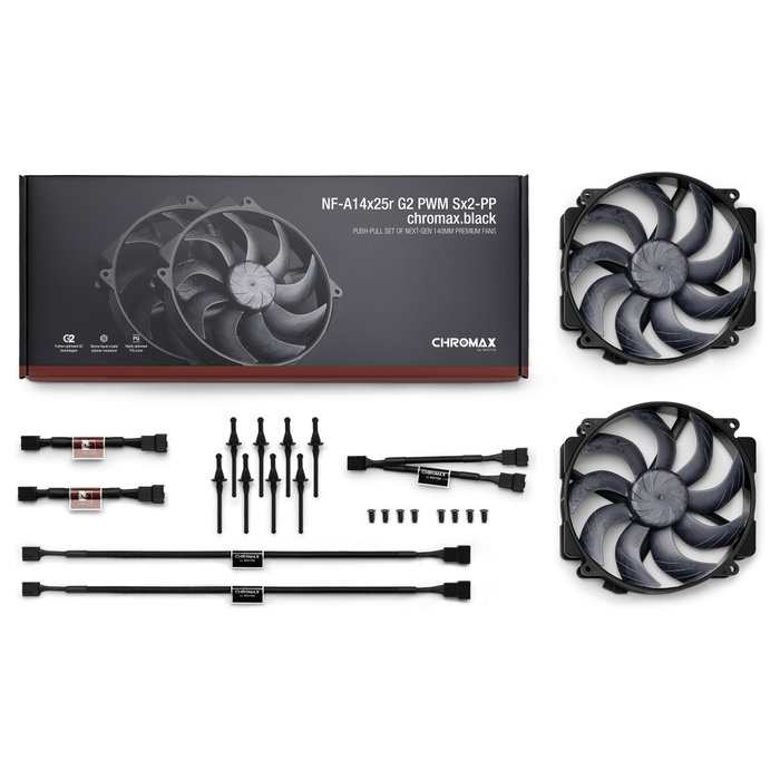 NOCTUA NF-A14x25r G2 PWM chromax.black Ventilador 140 mm Doble Rodamiento SSO2, Flujo de Aire 155.6 m3/h, 2 Unidades, Negro