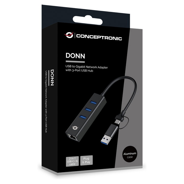 Conceptronic Adaptador USB a Gigabit Ethernet con Hub USB 3.0 y Convertidor USB-C