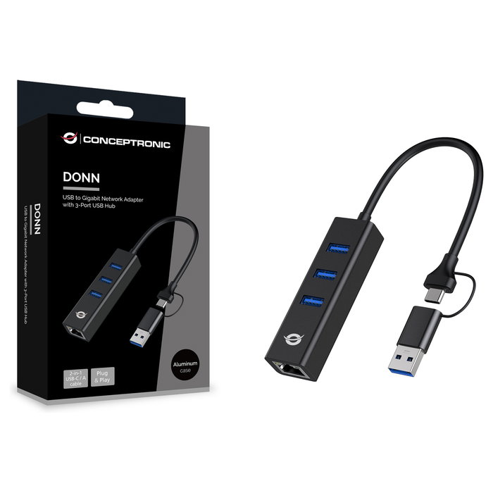 Conceptronic Adaptador USB a Gigabit Ethernet con Hub USB 3.0 y Convertidor USB-C
