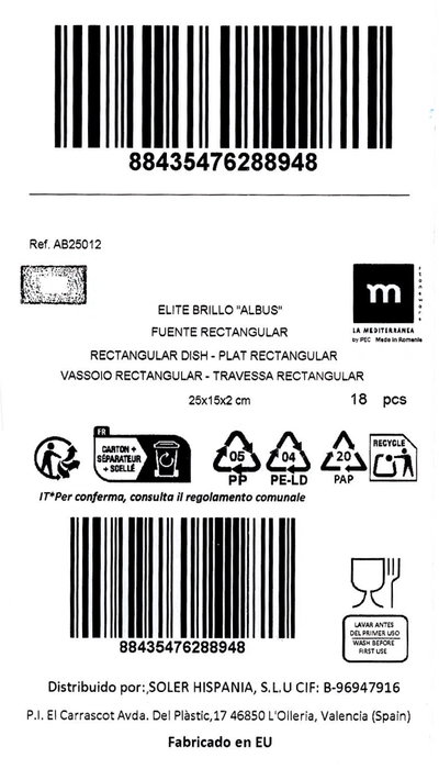 La Mediterranea Fuente Rectangular Albus Elite Brillo 25x15cm