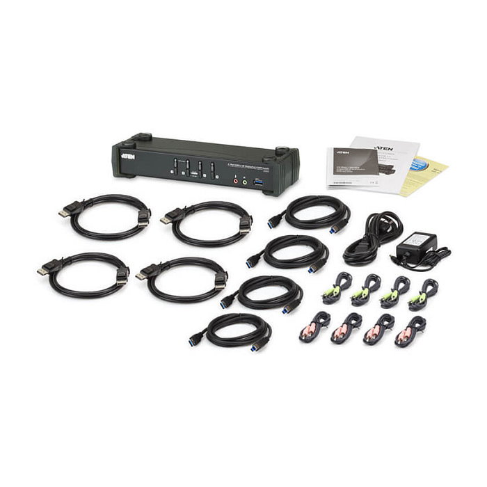 ATEN KVM Desktop Switch 4-Port USB 3.1 Gen 1 4K DisplayPort 1.2 KVMP Switch con Audio y Cables para 4 Ordenadores