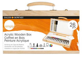 Pintura Acrilica Daler Rowney Simply Caja De Madera De 26 Piezas (Incluye 14X Tubos , 2X Pinceles, 4 X Rotuladores, Papel De Dibujo Acrilico Y Paleta Para Mezclas)