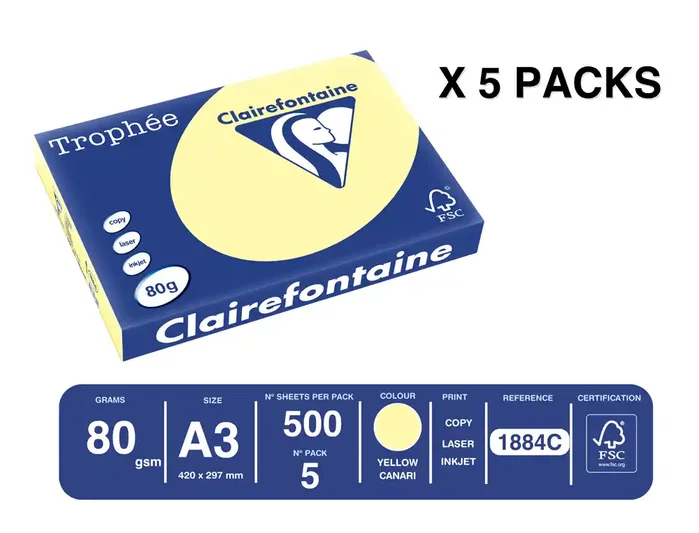 CLAIREFONTAINE Papel Trophée A3 Amarillo Canario Pastel 80g CLAIREFONTAINE Papel Trophée A3 Amarillo Canario Pastel 80g