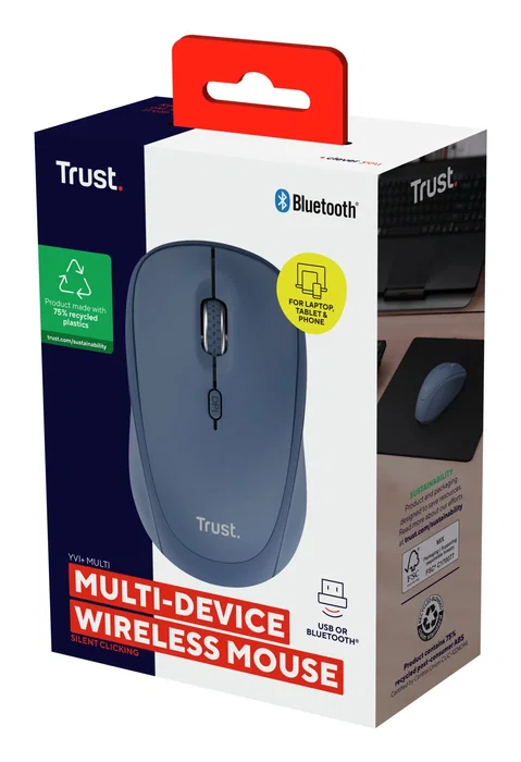 Trust Yvi+ Ratón Óptico Inalámbrico Multidispositivo RF 2.4 GHz y Bluetooth, Ambidiestro, DPI 800-1600, Azul