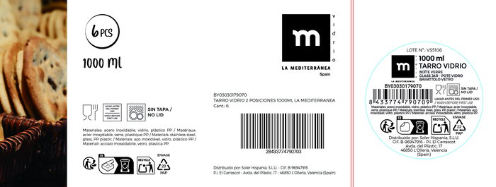 La Mediterranea Tarro Vidrio 2 Posiciones 1000 ml con dimensiones 10.1 cm ancho x 13.8 cm largo x 14 cm alto (12 Unidades)