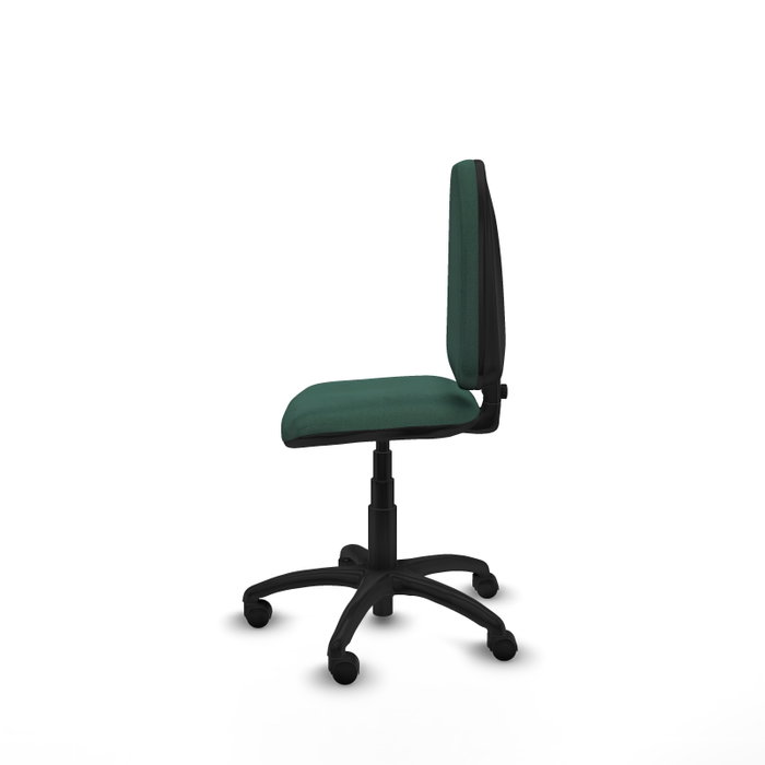 Silla de oficina Aýna con mecanismo Contacto permanente básico tapizada con Tela color Verde botella. Equipada con Base poliamida negra, Sin brazos y Ruedas de nailon 50 mm