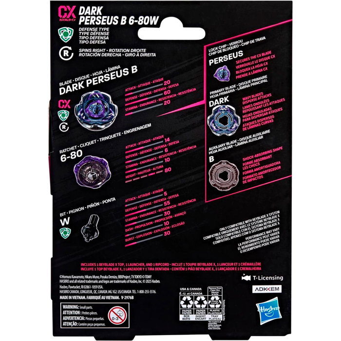 Hasbro Beyblade Dark Perseus B 6-80W G1680 con lanzador - Top de metal, piezas de Takara Tomy, juego en español, francés, alemán e inglés para +8 años Hasbro Beyblade Dark Perseus B 6-80W G1680 con lanzador - Top de metal, piezas de Takara Tomy, juego en español, francés, alemán e inglés para +8 años