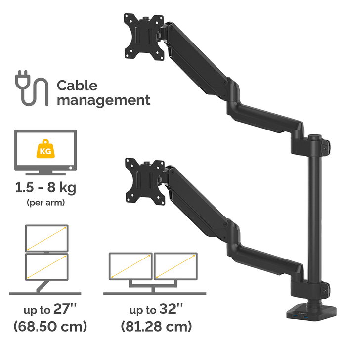 Fellowes Platinum Monitorarm 8043401 - Soporte Doble Vertical para 2 Monitores hasta 32" (8kg), con 2 Puertos USB-A, Color Negro
