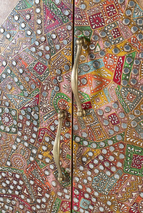 GINER Y COLOMER Armario de Mango Macizo con 2 Puertas y Cajón, 170 cm de Alto, Trabajo Artesanal con Incrustaciones y Espejos, Color Natural