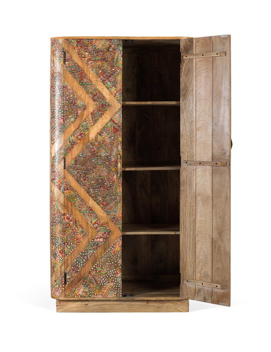 GINER Y COLOMER Armario de Mango Macizo con 2 Puertas y Cajón, 170 cm de Alto, Trabajo Artesanal con Incrustaciones y Espejos, Color Natural