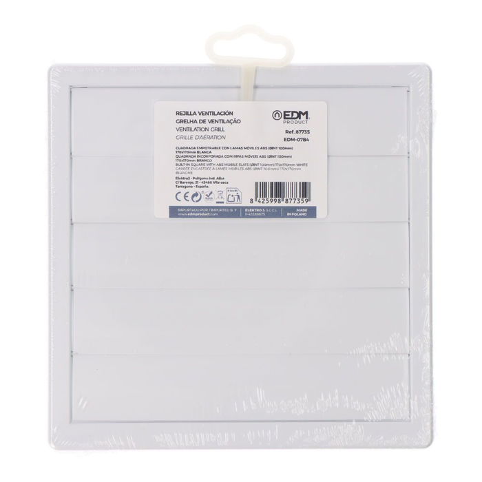 Edm Rejilla Ventilación Cuadrada Empotrable Lamas Móviles 170x170mm ø100mm Abs Blanca