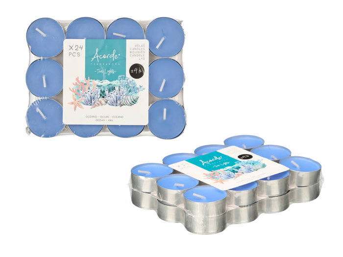 Acorde Set 24 Velas Tea Light 4h Oceano Cera y Aluminio Azul 15 x 3 x 11.2 cm (Set de 24)