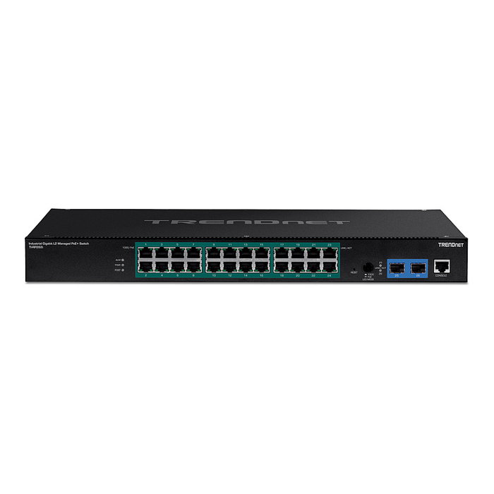 TRENDnet TI-RP262i Switch Gestionado L2 Gigabit con PoE+, 24 Puertos + 2 SFP, Montaje en Rack 1U, Industrial -40 a 70°C, Sin Ventilador, IP30